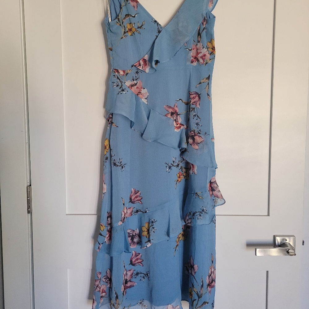 Avec Les Filles dress. Flowery light blue and zipper, adjustable straps. Size 2.